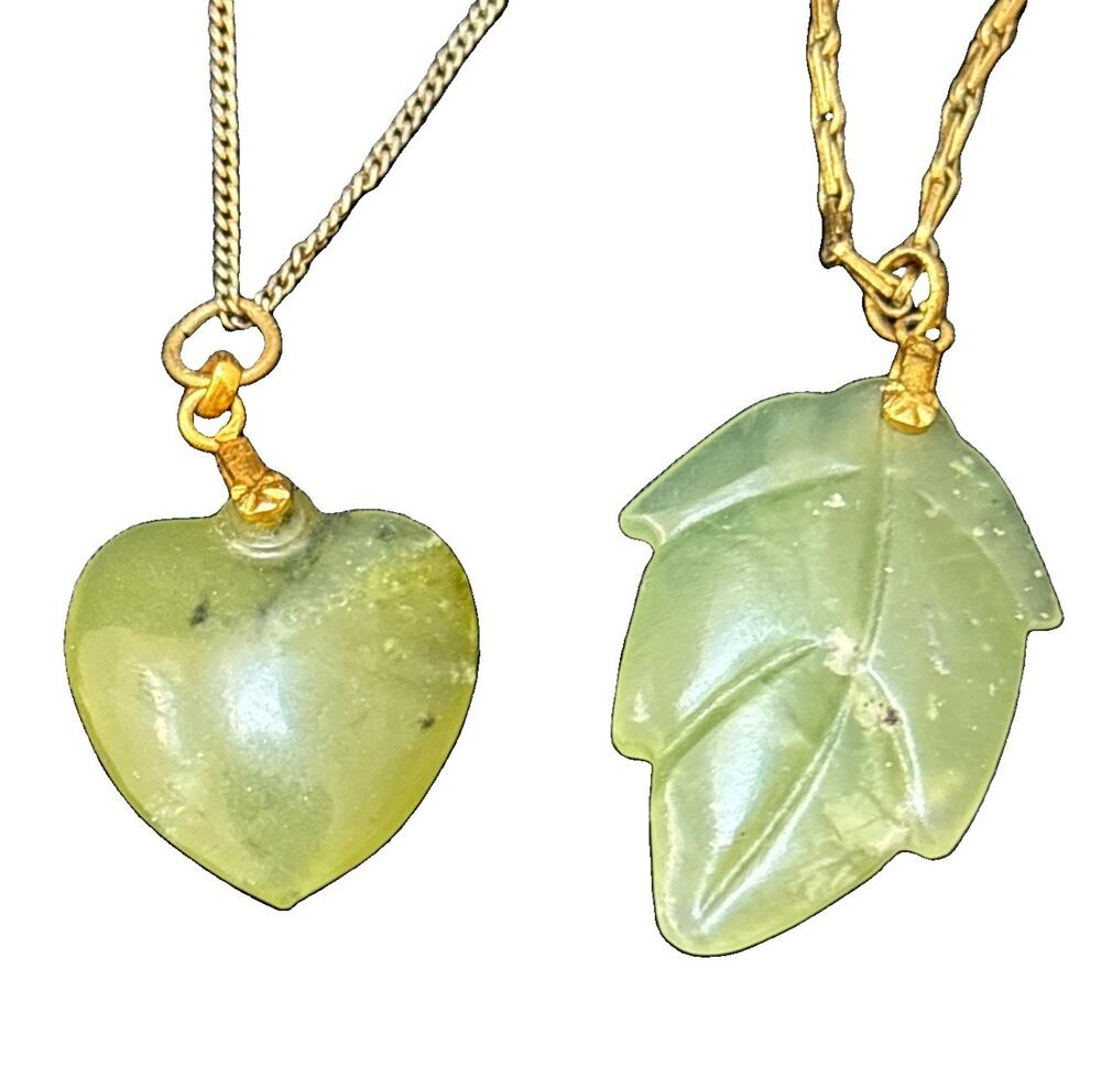 2 Vintage necklace/pendant, carved jade Leaf & Heart on gold tone chain 1”&1.5”
